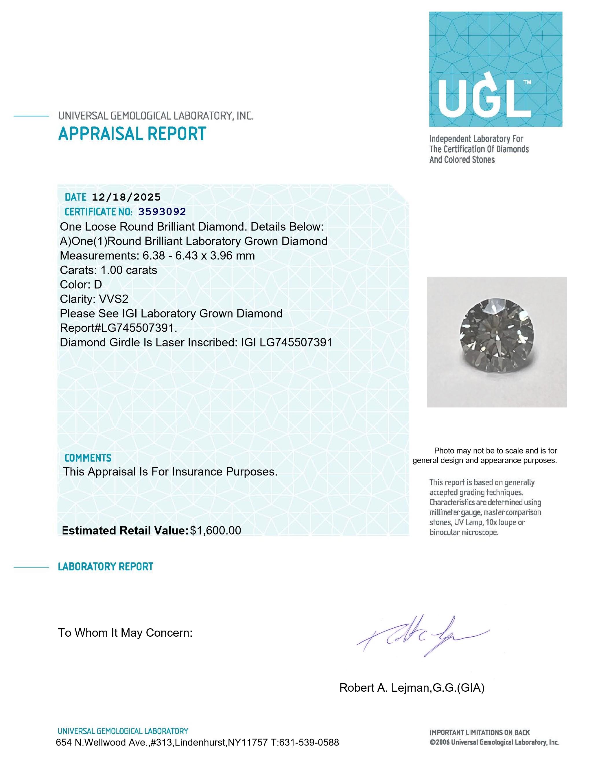 1.00 Carats Lab Grown Diamond Loose D, VVS2 | Estimated Retail Value: $1,600 (UGL & IGI Certs) at PristineAuction.com 1.00 Carats Lab Grown Diamond Loose D, VVS2 | Estimated Retail Value: $1,600 (UGL & IGI Certs) at PristineAuction.com