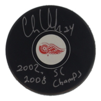 Chris Chelios Signed Red Wings Logo Hockey Puck Inscribed "2002, 2008 SC Champs" (Schwartz) at PristineAuction.com