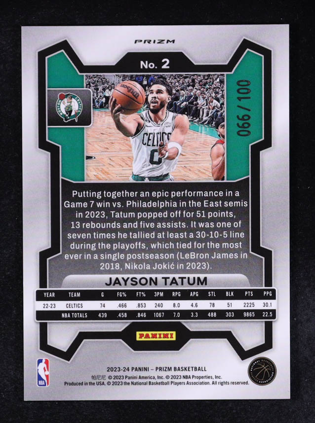 Jayson Tatum 2023-24 Panini Prizm Prizms Fast Break Red #2 #066/100 at PristineAuction.com Jayson Tatum 2023-24 Panini Prizm Prizms Fast Break Red #2 #066/100 at PristineAuction.com