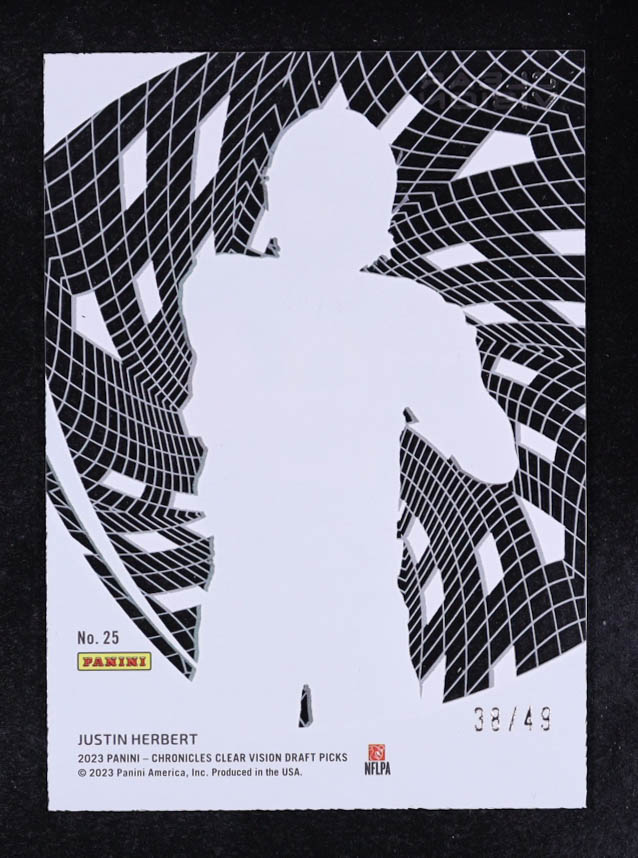 Justin Herbert 2023 Panini Chronicles Draft Picks Clear Vision Purple #25 #38/49 at PristineAuction.com Justin Herbert 2023 Panini Chronicles Draft Picks Clear Vision Purple #25 #38/49 at PristineAuction.com