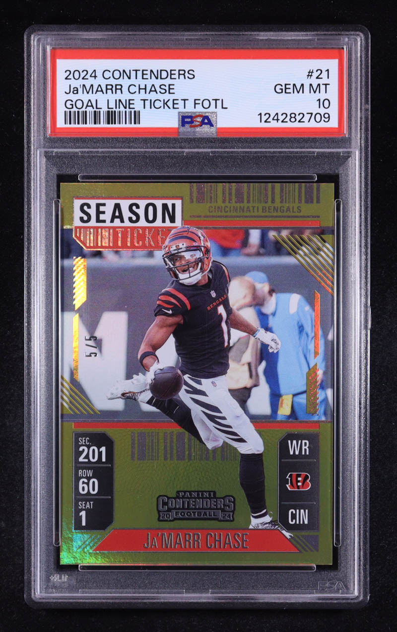 Ja'Marr Chase 2024 Panini Contenders Goal Line Ticket FOTL #21 #5/5 (PSA 10) at PristineAuction.com Ja'Marr Chase 2024 Panini Contenders Goal Line Ticket FOTL #21 #5/5 (PSA 10) at PristineAuction.com