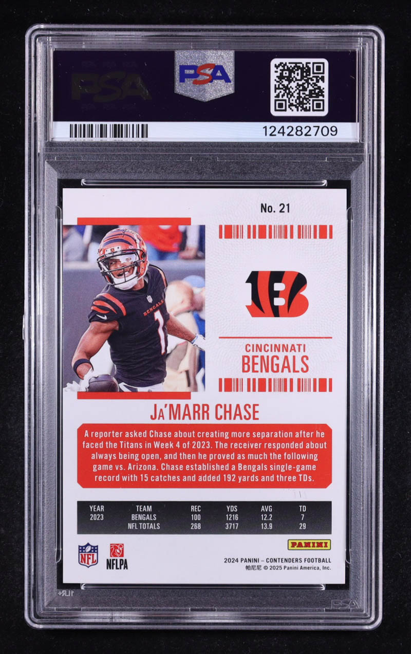 Ja'Marr Chase 2024 Panini Contenders Goal Line Ticket FOTL #21 #5/5 (PSA 10) at PristineAuction.com Ja'Marr Chase 2024 Panini Contenders Goal Line Ticket FOTL #21 #5/5 (PSA 10) at PristineAuction.com