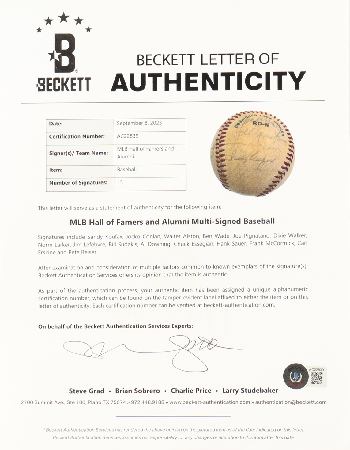 MLB Hall of Famers & Alumni | ONL Baseball Signed by (15) with Sandy Koufax, Carl Erskine, Frank McCormick (Beckett) at PristineAuction.com MLB Hall of Famers & Alumni | ONL Baseball Signed by (15) with Sandy Koufax, Carl Erskine, Frank McCormick (Beckett) at PristineAuction.com