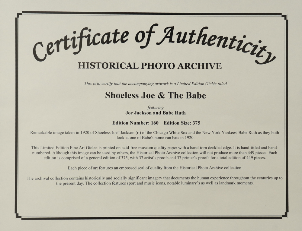 Historical Photo Archive - Joe Jackson & Babe Ruth "Shoeless Joe & The Babe" Limited Edition 10.5x15 Fine Art Giclee on Paper # 160 /375 at PristineAuction.com Historical Photo Archive - Joe Jackson & Babe Ruth "Shoeless Joe & The Babe" Limited Edition 10.5x15 Fine Art Giclee on Paper # 160 /375 at PristineAuction.com