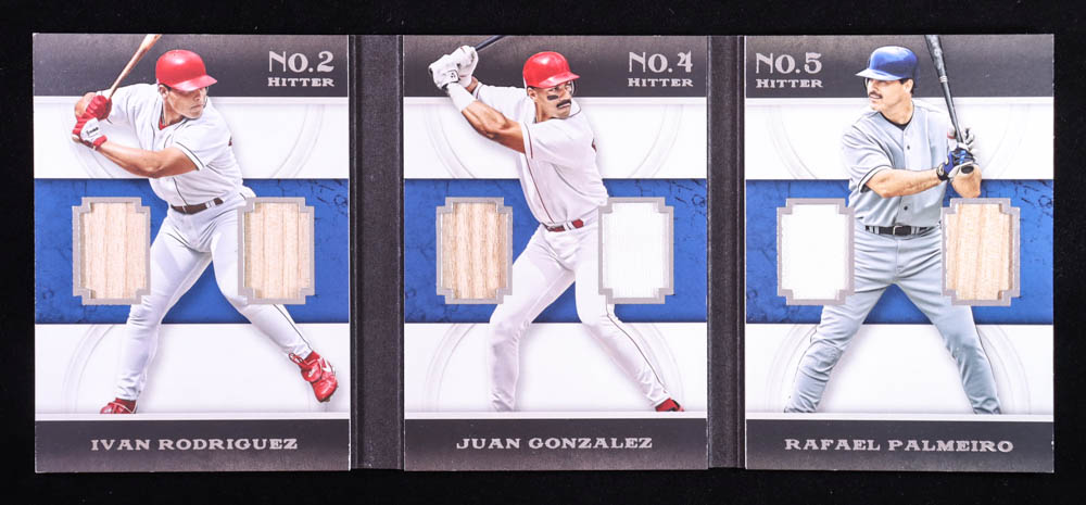 Juan Gonzalez / Rafael Palmeiro / Ivan Rodriguez 2016 Panini Pantheon Sacred Deployments Materials #10 #35/49 at PristineAuction.com Juan Gonzalez / Rafael Palmeiro / Ivan Rodriguez 2016 Panini Pantheon Sacred Deployments Materials #10 #35/49 at PristineAuction.com