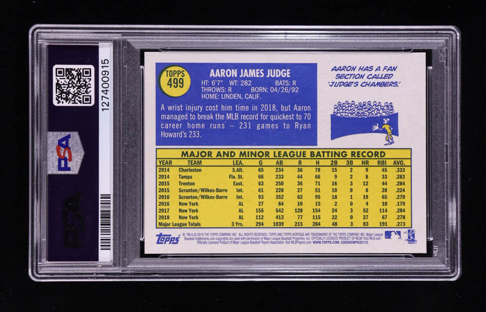 Aaron Judge 2019 Topps Heritage #499 SP (PSA 9) at PristineAuction.com Aaron Judge 2019 Topps Heritage #499 SP (PSA 9) at PristineAuction.com