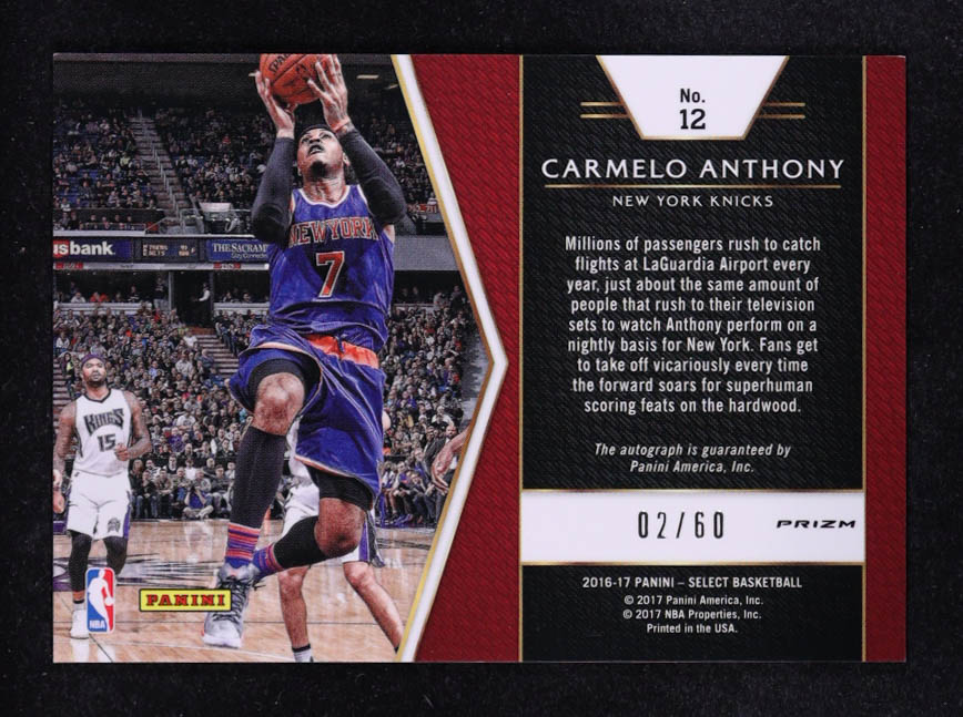 Carmelo Anthony 2016-17 Select In Flight Signatures Prizms Orange #12 #02/60 at PristineAuction.com Carmelo Anthony 2016-17 Select In Flight Signatures Prizms Orange #12 #02/60 at PristineAuction.com
