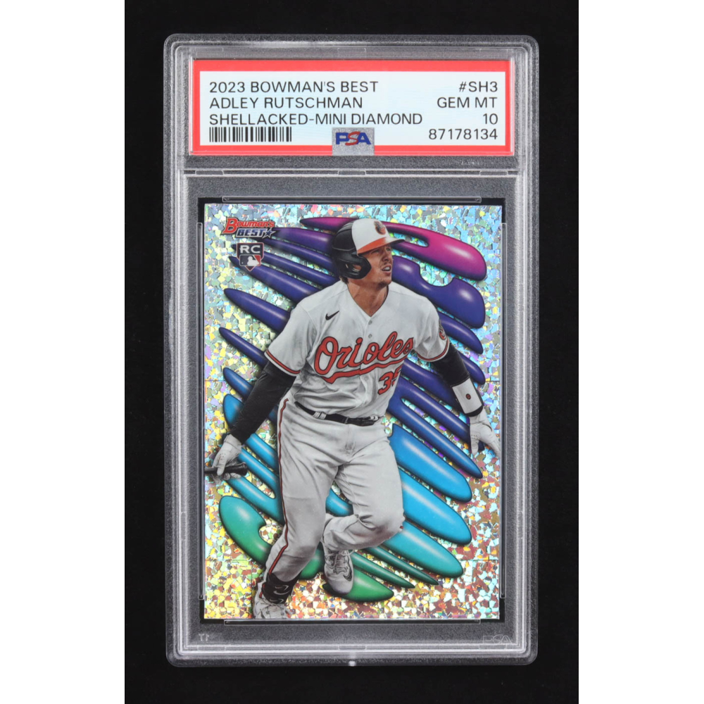 Adley Rutschman 2023 Bowman's Best Shellacked Mini Diamond Refractors #SH3 RC (PSA 10) at PristineAuction.com
