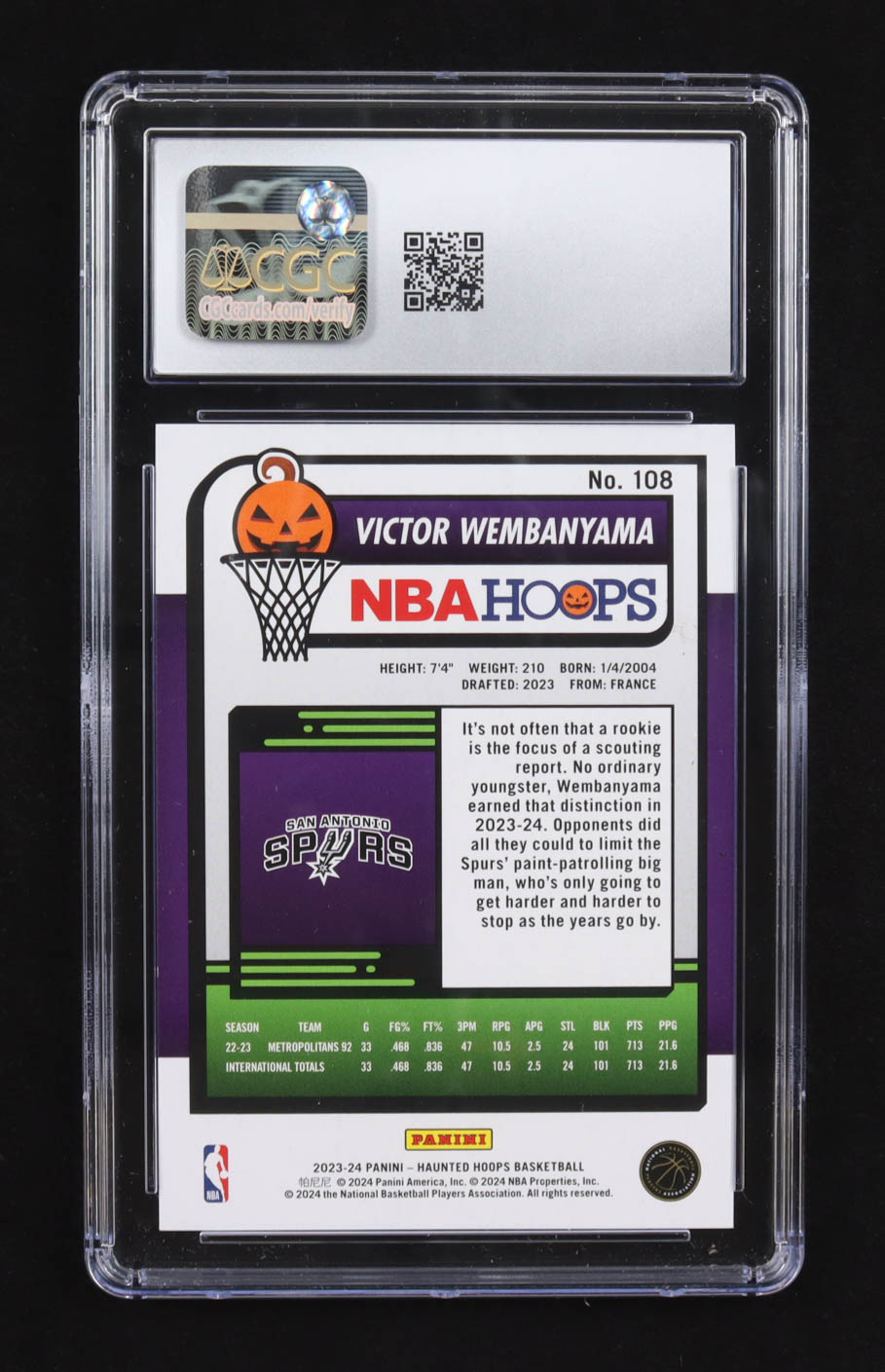 Victor Wembanyama 2023-24 Hoops Haunted Hoops #108 RC (CGC 10) at PristineAuction.com Victor Wembanyama 2023-24 Hoops Haunted Hoops #108 RC (CGC 10) at PristineAuction.com