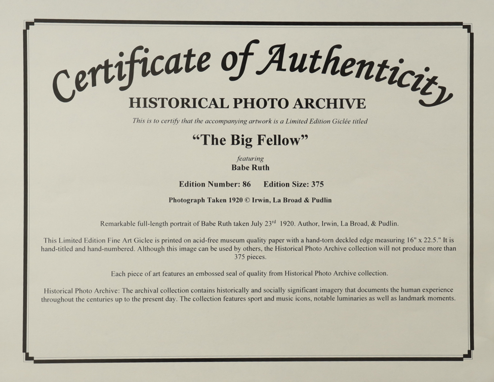 Historical Photo Archive - Babe Ruth "The Big Fellow" Limited Edition 16.5x22 Fine Art Giclee on Paper # 86 /375 at PristineAuction.com Historical Photo Archive - Babe Ruth "The Big Fellow" Limited Edition 16.5x22 Fine Art Giclee on Paper # 86 /375 at PristineAuction.com