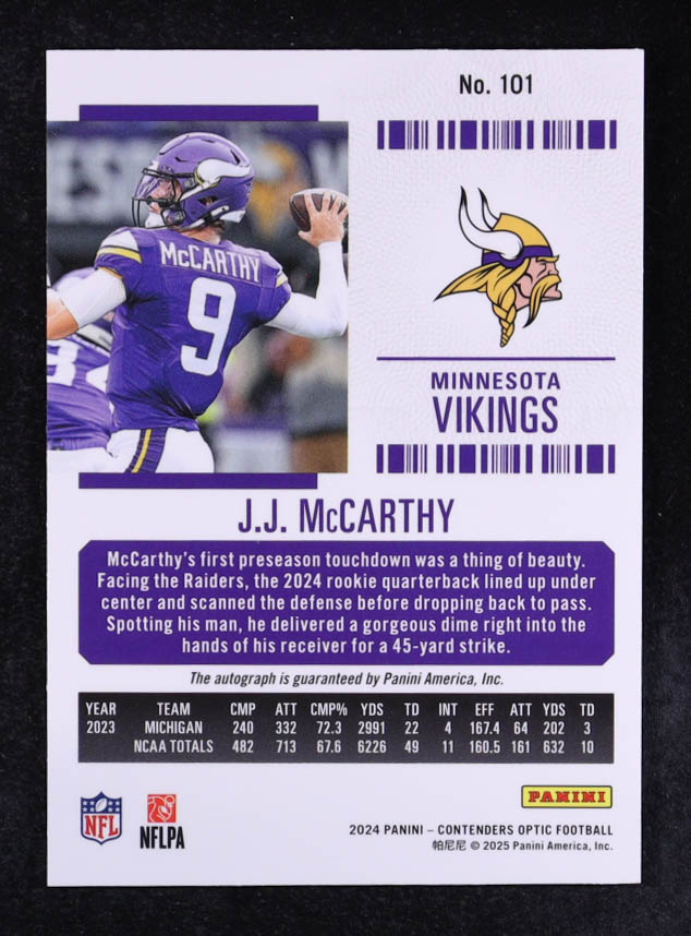 JJ McCarthy 2024 Panini Contenders Optic #101 Autograph RC at PristineAuction.com JJ McCarthy 2024 Panini Contenders Optic #101 Autograph RC at PristineAuction.com