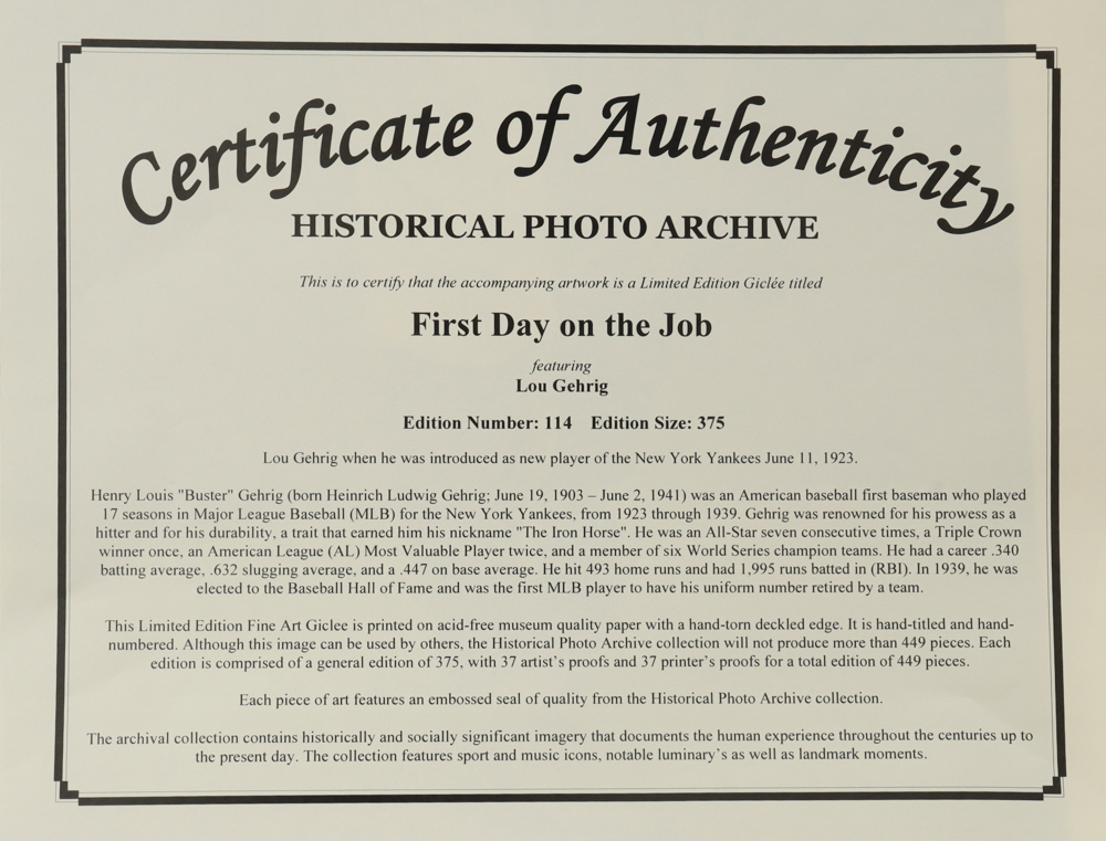 Historical Photo Archive - Lou Gehrig "First Day on the Job" 1923 Limited Edition 16x22.5 Fine Art Giclee on Paper # 114 /375 at PristineAuction.com Historical Photo Archive - Lou Gehrig "First Day on the Job" 1923 Limited Edition 16x22.5 Fine Art Giclee on Paper # 114 /375 at PristineAuction.com