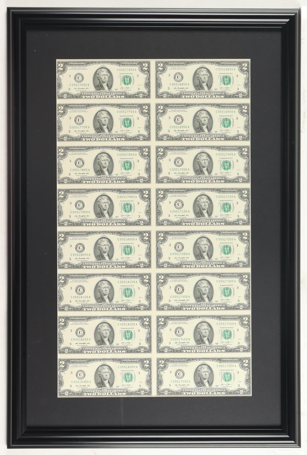 2013 U.S. $2 Dollar Bill Custom Framed Uncut Sheet Of (16) Bills at PristineAuction.com 2013 U.S. $2 Dollar Bill Custom Framed Uncut Sheet Of (16) Bills at PristineAuction.com
