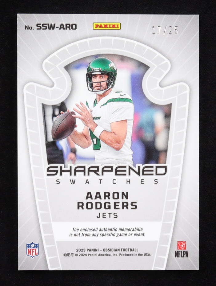 Aaron Rodgers 2023 Panini Obsidian Sharpened Swatches Electric Etch Green #13 #17/25 at PristineAuction.com Aaron Rodgers 2023 Panini Obsidian Sharpened Swatches Electric Etch Green #13 #17/25 at PristineAuction.com