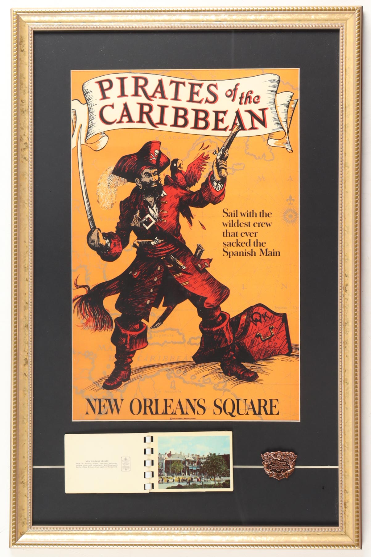 Disneyland "Pirates of the Carribean" Custom Framed Poster Print Display With Photo Portfolio & Brass Ride Emblem at PristineAuction.com Disneyland "Pirates of the Carribean" Custom Framed Poster Print Display With Photo Portfolio & Brass Ride Emblem at PristineAuction.com