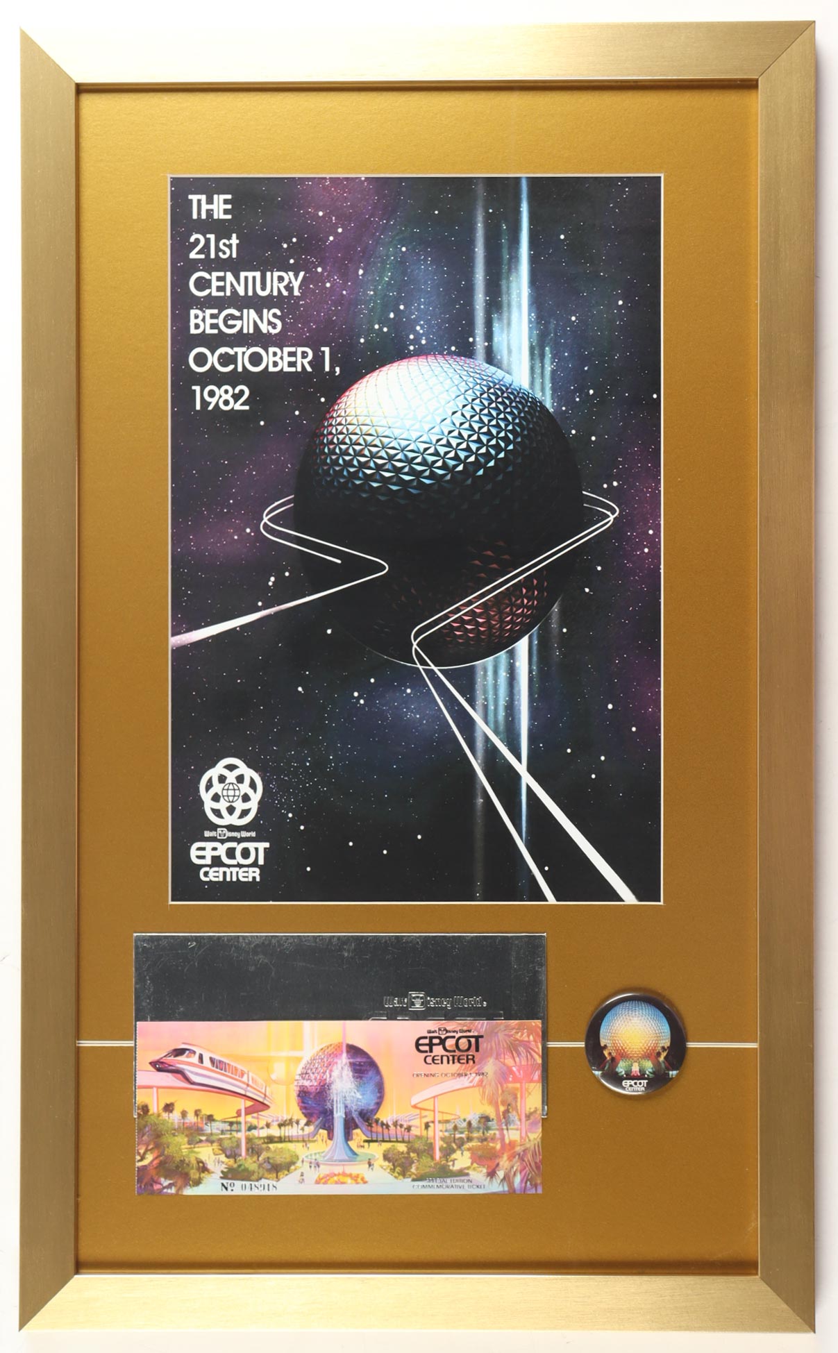 Disney World "Epcot Center" Grand Opening Custom Framed Poster with Opening Day Ticket, Silver Envelope & Vintage Epcot Pin at PristineAuction.com Disney World "Epcot Center" Grand Opening Custom Framed Poster with Opening Day Ticket, Silver Envelope & Vintage Epcot Pin at PristineAuction.com