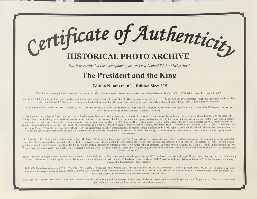 Historical Photo Archive - "The President and the King" 1970 Limited Edition 16x22.5 Fine Art Giclee on Paper # 100 /375 at PristineAuction.com Historical Photo Archive - "The President and the King" 1970 Limited Edition 16x22.5 Fine Art Giclee on Paper # 100 /375 at PristineAuction.com