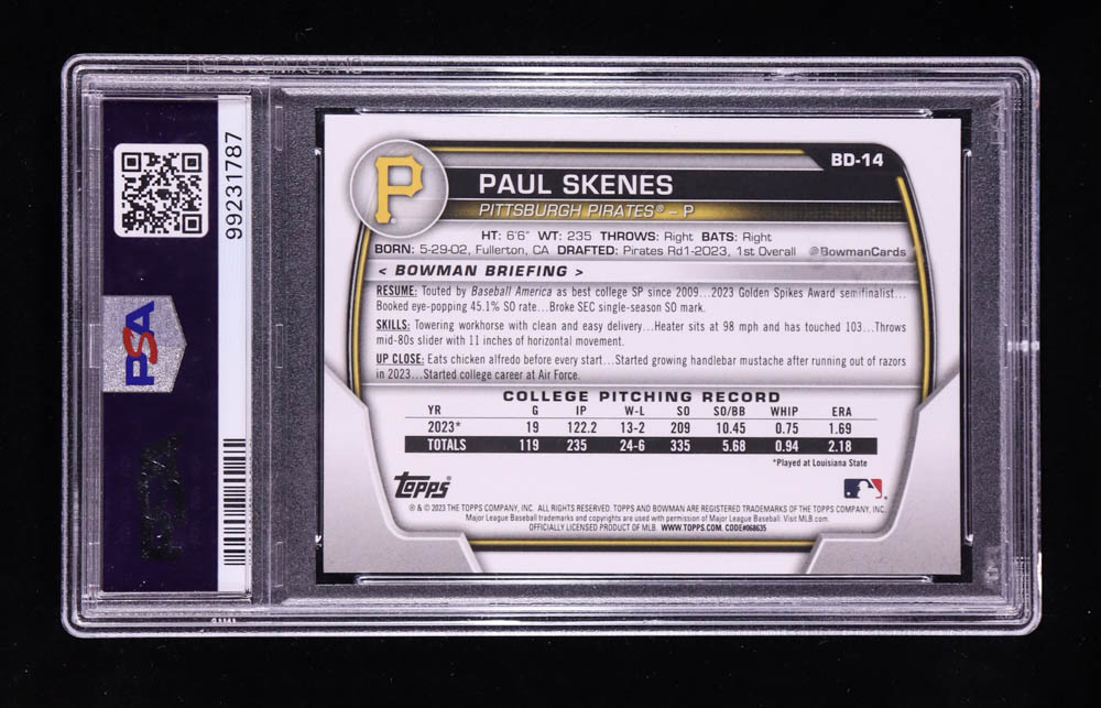 Paul Skenes 2023 Bowman Draft #BD14 RC (PSA 10) at PristineAuction.com Paul Skenes 2023 Bowman Draft #BD14 RC (PSA 10) at PristineAuction.com