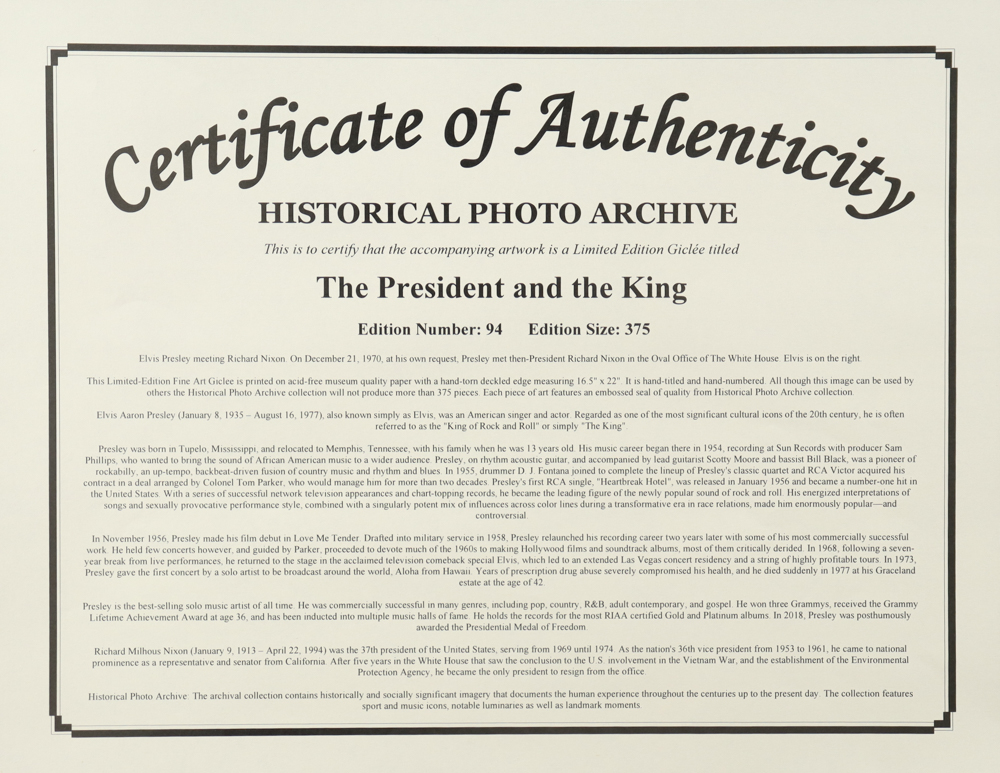 Historical Photo Archive - "The President and the King" 1970 Limited Edition 16x22.5 Fine Art Giclee on Paper # 94 /375 at PristineAuction.com Historical Photo Archive - "The President and the King" 1970 Limited Edition 16x22.5 Fine Art Giclee on Paper # 94 /375 at PristineAuction.com