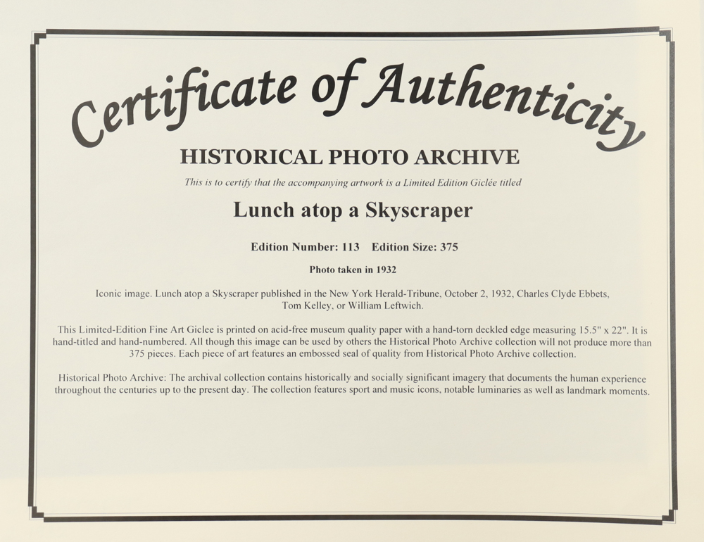 Historical Photo Archive - "Lunch atop a Skyscraper" 1932 Limited Edition 16x22.5 Fine Art Giclee on Paper # 113 /375 at PristineAuction.com Historical Photo Archive - "Lunch atop a Skyscraper" 1932 Limited Edition 16x22.5 Fine Art Giclee on Paper # 113 /375 at PristineAuction.com