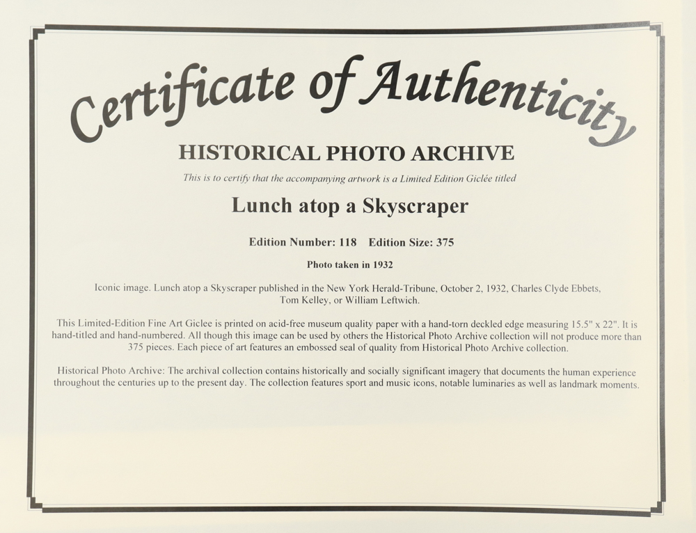 Historical Photo Archive - "Lunch atop a Skyscraper" 1932 Limited Edition 16x22.5 Fine Art Giclee on Paper # 118 /375 at PristineAuction.com Historical Photo Archive - "Lunch atop a Skyscraper" 1932 Limited Edition 16x22.5 Fine Art Giclee on Paper # 118 /375 at PristineAuction.com