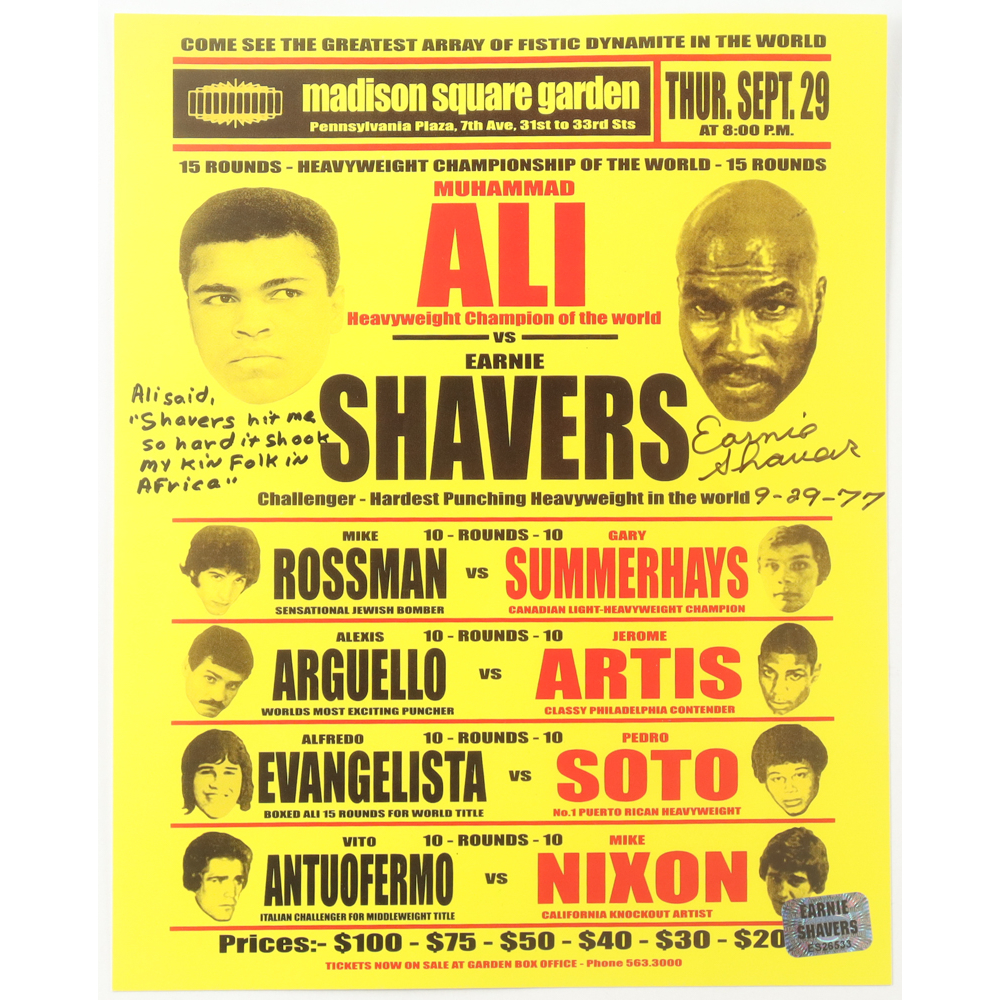Earnie Shavers Signed Madison Square Garden "Fight Night: Ali Vs Shavers" 8x10 Photo With Extensive Inscription (Shavers) at PristineAuction.com