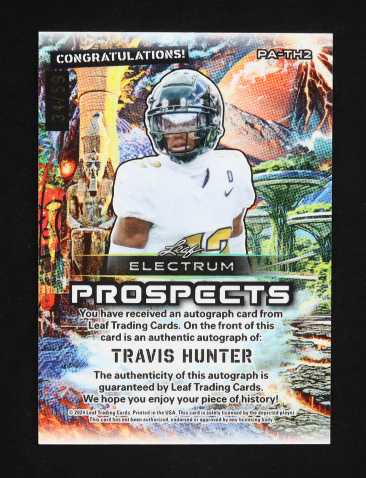 Travis Hunter 2024 Leaf Electrum Prospects Autographs #PA-TH2 RC #34/59 at PristineAuction.com Travis Hunter 2024 Leaf Electrum Prospects Autographs #PA-TH2 RC #34/59 at PristineAuction.com