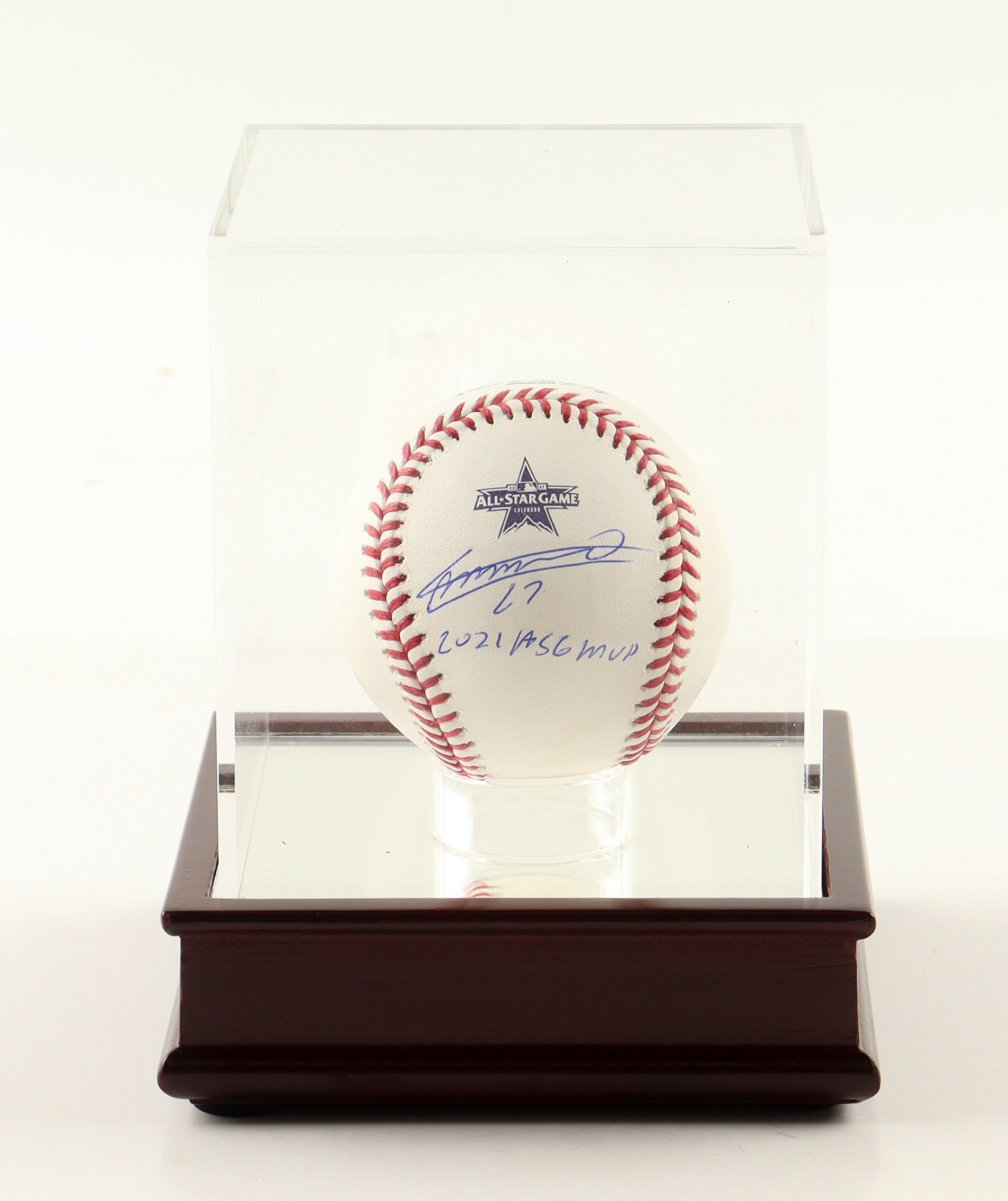 Vladimir Guerrero Jr. Signed 2021 All-Star Game Baseball With Display Case Inscribed “2021 ASG MVP” (Beckett) at PristineAuction.com Vladimir Guerrero Jr. Signed 2021 All-Star Game Baseball With Display Case Inscribed “2021 ASG MVP” (Beckett) at PristineAuction.com