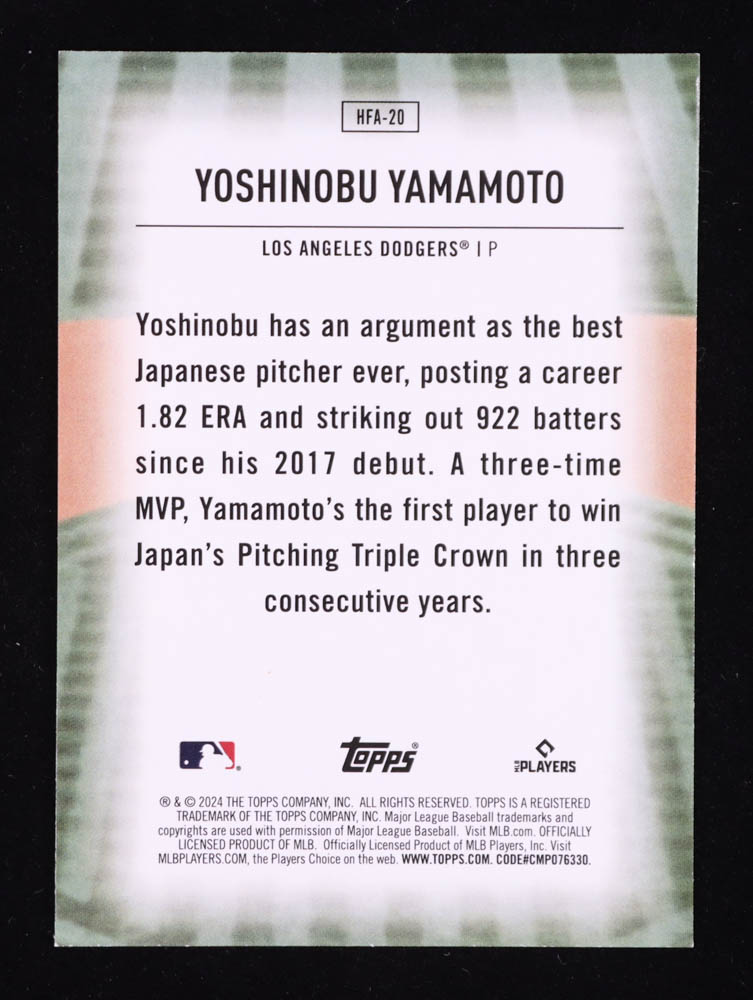 Yoshinobu Yamamoto 2024 Topps Home Field Advantage #HFA20 RC at PristineAuction.com Yoshinobu Yamamoto 2024 Topps Home Field Advantage #HFA20 RC at PristineAuction.com