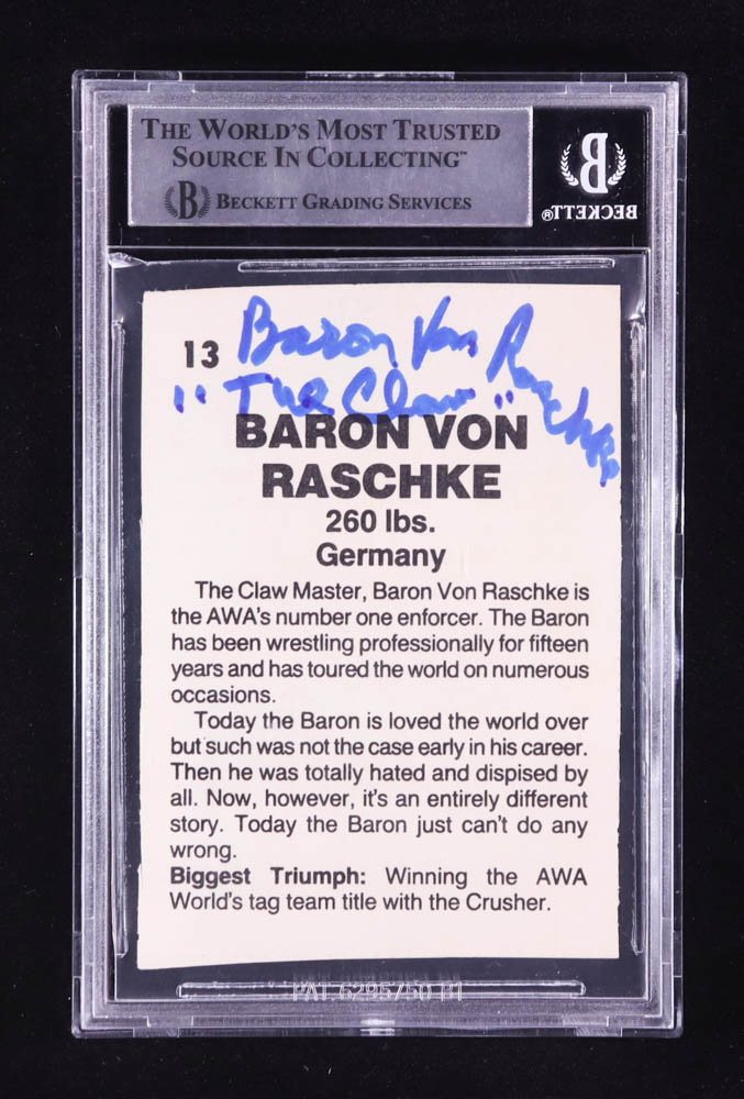 Baron von Raschke Twice-Signed 1985 Wrestling All-Stars #13 Inscribed "The Claw" (BGS) at PristineAuction.com Baron von Raschke Twice-Signed 1985 Wrestling All-Stars #13 Inscribed "The Claw" (BGS) at PristineAuction.com