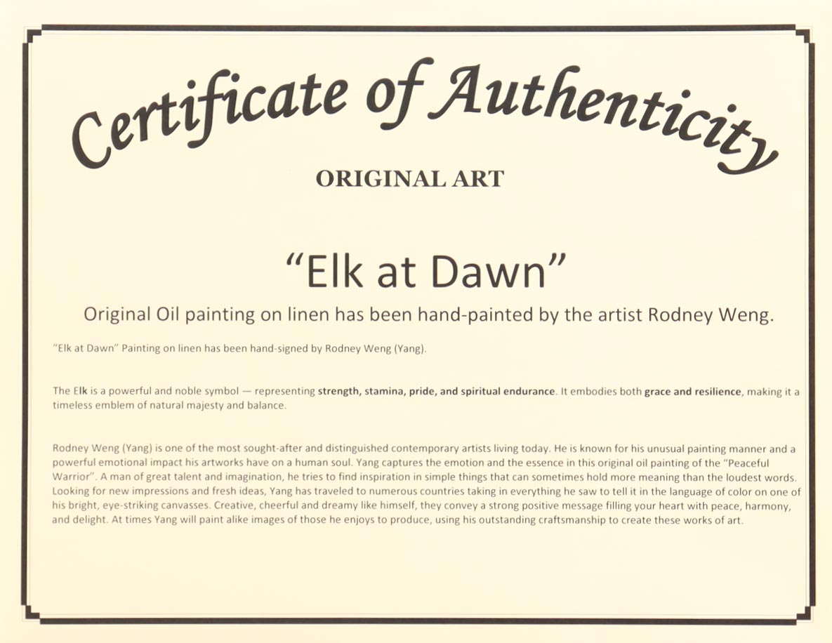 "Elk at Dawn" 25x36 Original Oil Painting on Linen by Rodney Weng (Weng) at PristineAuction.com "Elk at Dawn" 25x36 Original Oil Painting on Linen by Rodney Weng (Weng) at PristineAuction.com