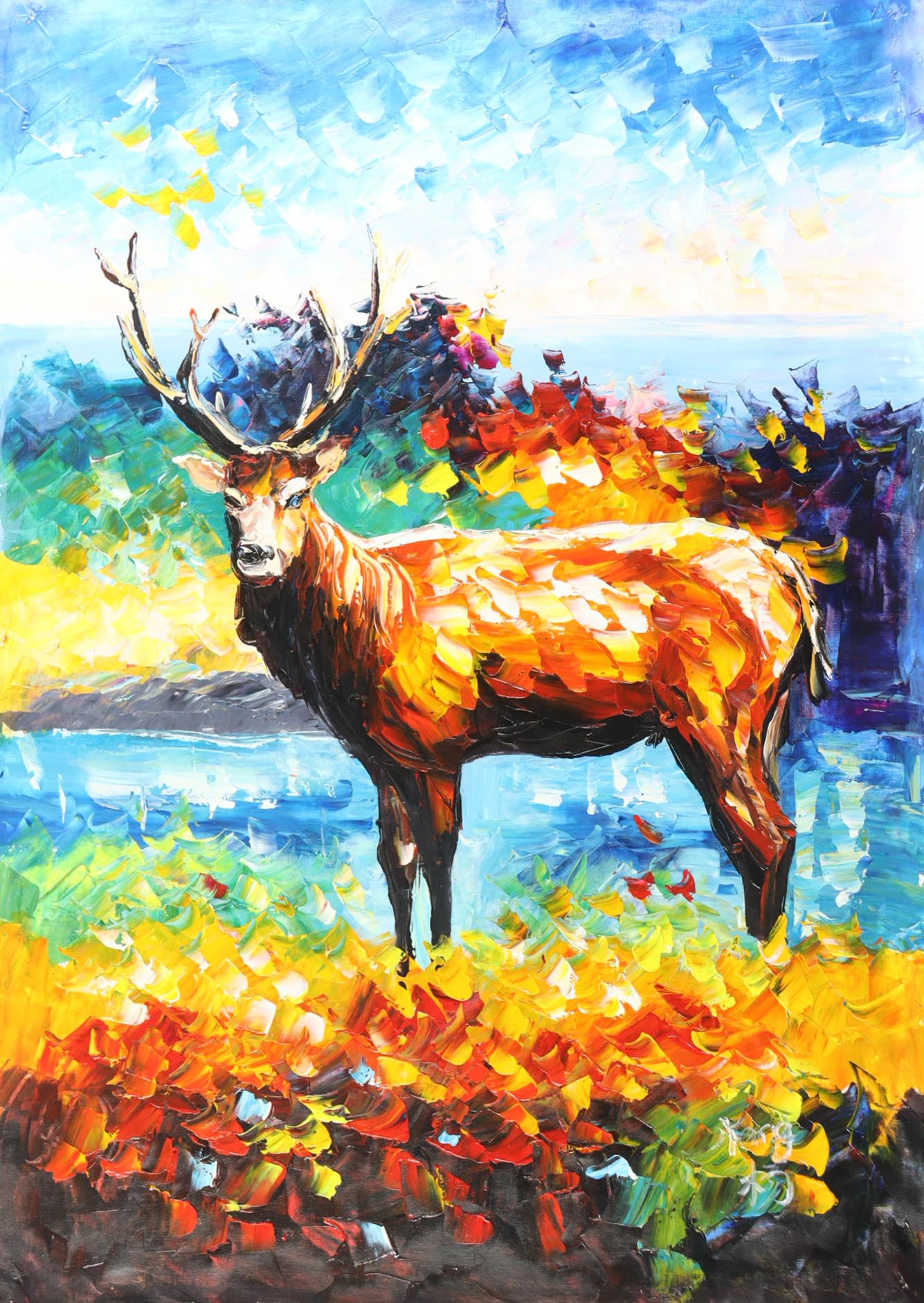 "Elk at Dawn" 25x36 Original Oil Painting on Linen by Rodney Weng (Weng) at PristineAuction.com "Elk at Dawn" 25x36 Original Oil Painting on Linen by Rodney Weng (Weng) at PristineAuction.com