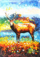 "Elk at Dawn" 25x36 Original Oil Painting on Linen by Rodney Weng (Weng) at PristineAuction.com