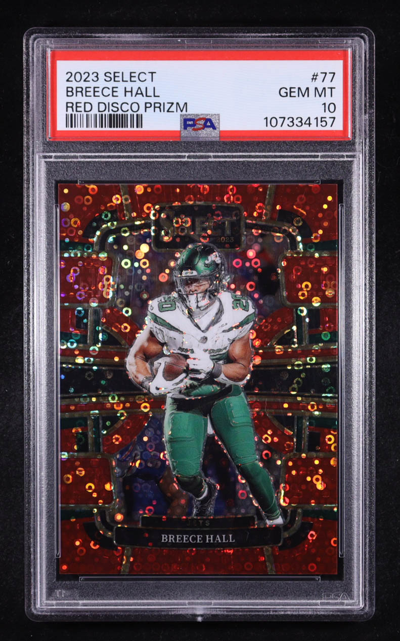 Breece Hall 2023 Panini Select Red Disco Prizm #77 #32/49 (PSA 10) at PristineAuction.com Breece Hall 2023 Panini Select Red Disco Prizm #77 #32/49 (PSA 10) at PristineAuction.com