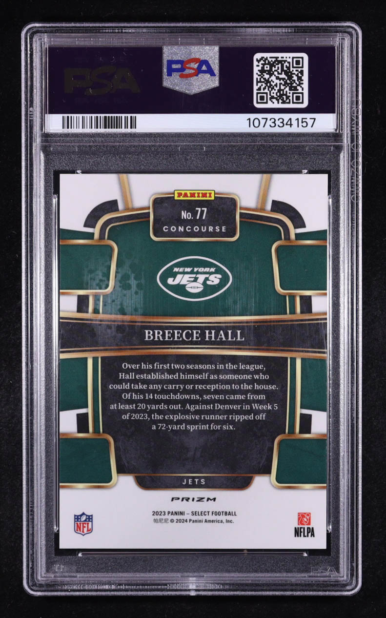 Breece Hall 2023 Panini Select Red Disco Prizm #77 #32/49 (PSA 10) at PristineAuction.com Breece Hall 2023 Panini Select Red Disco Prizm #77 #32/49 (PSA 10) at PristineAuction.com