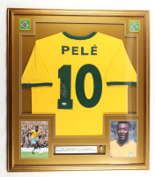 Pele Signed Custom Framed Jersey Display With (2) Brazil Team Logo Patches & Mini World Cup Trophy (PSA) at PristineAuction.com