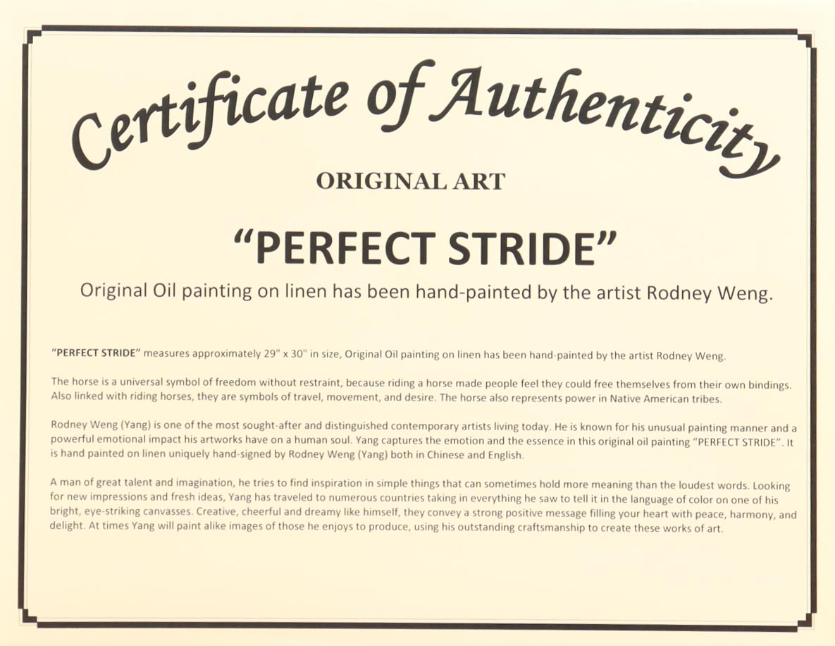 "PERFECT STRIDE" 29x30 Original Oil Painting on Linen by Rodney Weng (Weng) at PristineAuction.com "PERFECT STRIDE" 29x30 Original Oil Painting on Linen by Rodney Weng (Weng) at PristineAuction.com