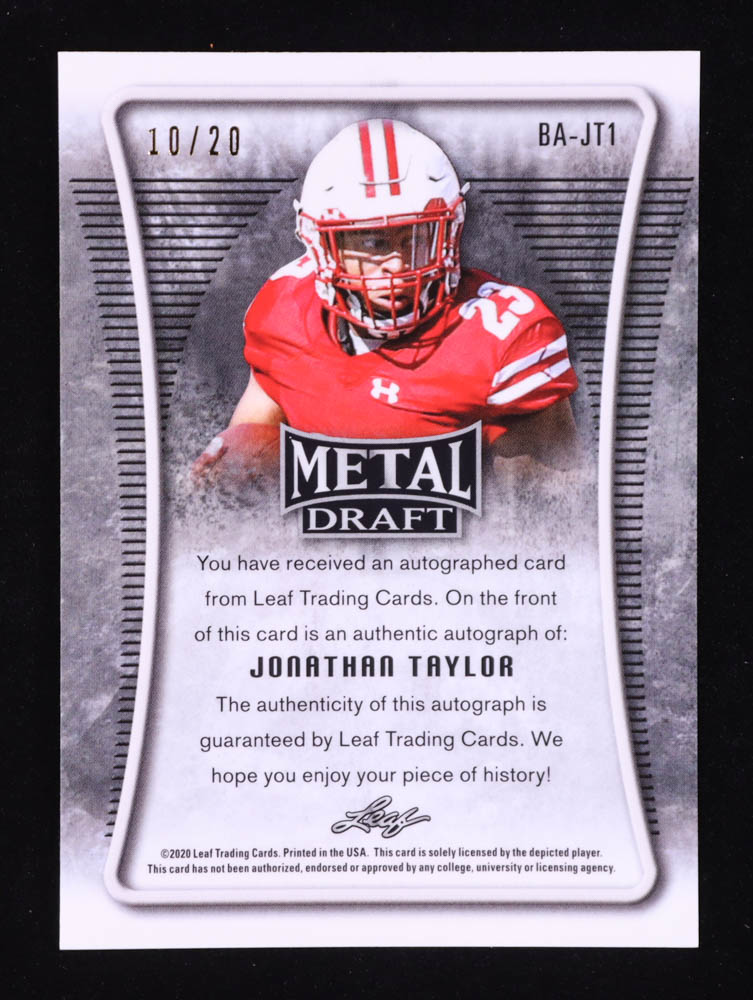 Jonathan Taylor 2020 Leaf Metal Draft Prismatic Wave Blue #BAJT1 #10/20 RC at PristineAuction.com Jonathan Taylor 2020 Leaf Metal Draft Prismatic Wave Blue #BAJT1 #10/20 RC at PristineAuction.com