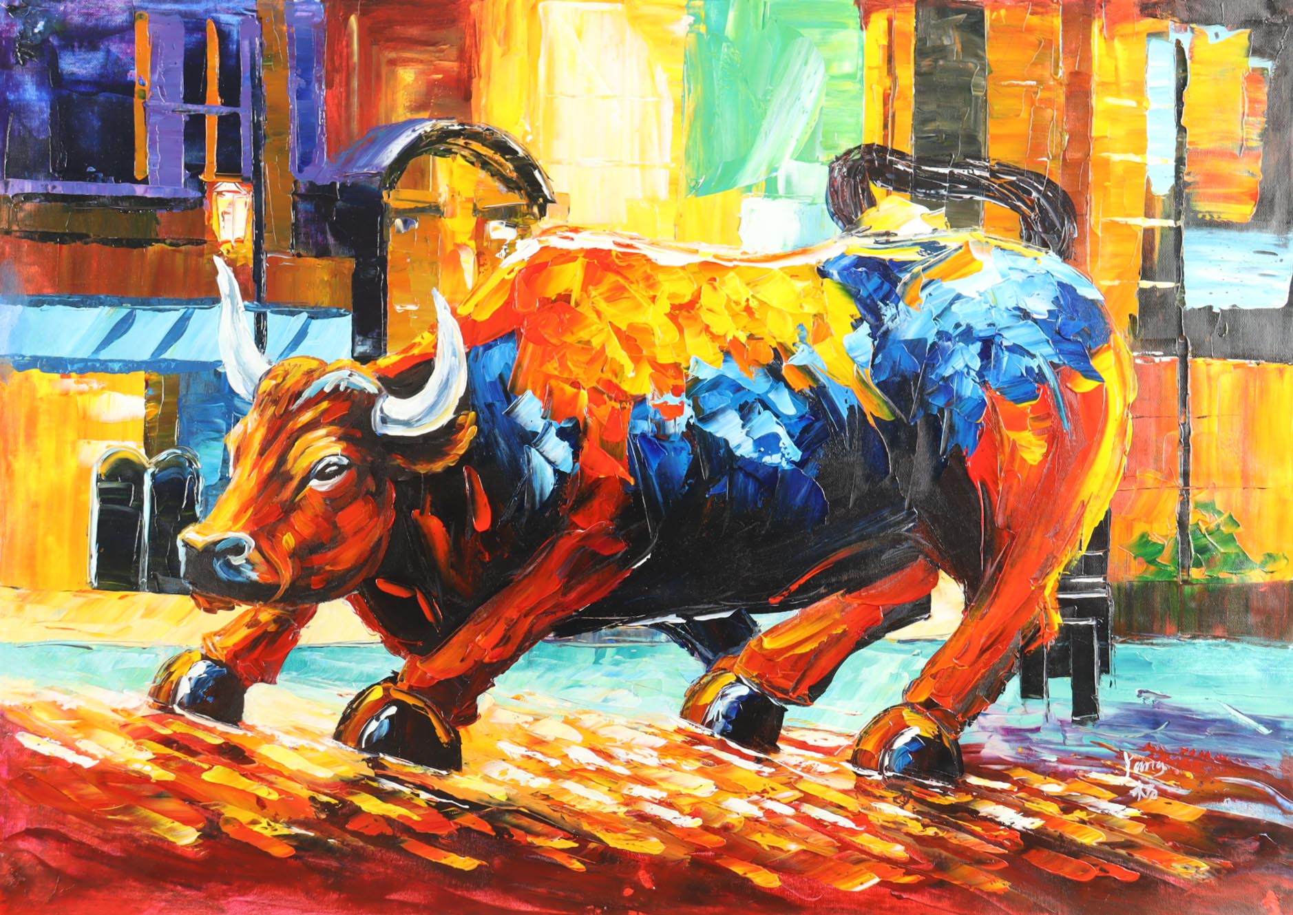 "Charging Bull" 25x36 Original Oil Painting on Linen by Rodney Weng (Weng) at PristineAuction.com "Charging Bull" 25x36 Original Oil Painting on Linen by Rodney Weng (Weng) at PristineAuction.com