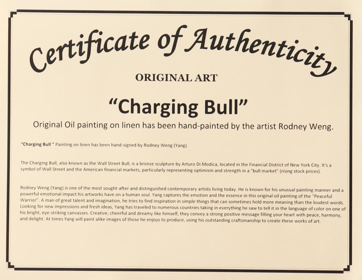 "Charging Bull" 25x36 Original Oil Painting on Linen by Rodney Weng (Weng) at PristineAuction.com "Charging Bull" 25x36 Original Oil Painting on Linen by Rodney Weng (Weng) at PristineAuction.com