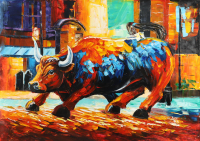 "Charging Bull" 25x36 Original Oil Painting on Linen by Rodney Weng (Weng) at PristineAuction.com