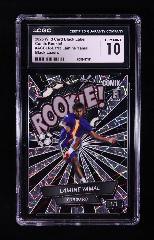 Lamine Yamal 2024 Wild Card Black Label Comix Rookie! Black Lazers #LY13 RC #1/1 (CGC 10) at PristineAuction.com Lamine Yamal 2024 Wild Card Black Label Comix Rookie! Black Lazers #LY13 RC #1/1 (CGC 10) at PristineAuction.com