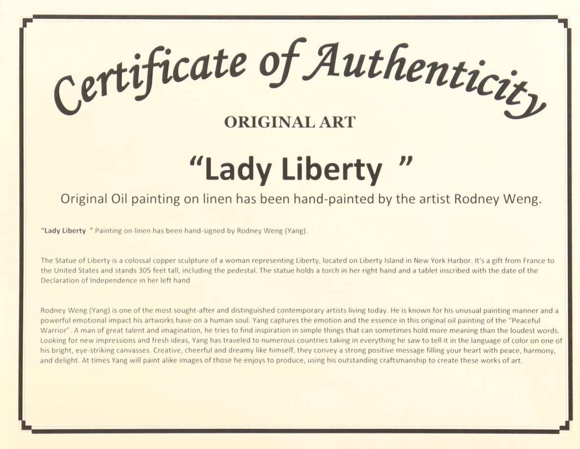 "Lady Liberty" 25x36 Original Oil Painting on Linen by Rodney Weng (Weng) at PristineAuction.com "Lady Liberty" 25x36 Original Oil Painting on Linen by Rodney Weng (Weng) at PristineAuction.com