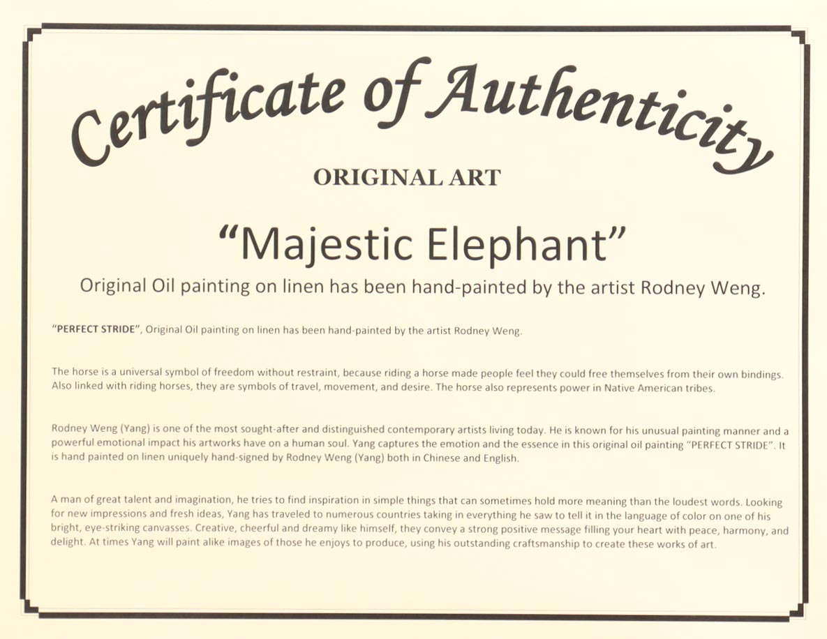 "Majestic Elephant" 25x36 Original Oil Painting on Linen by Rodney Weng (Weng) at PristineAuction.com "Majestic Elephant" 25x36 Original Oil Painting on Linen by Rodney Weng (Weng) at PristineAuction.com