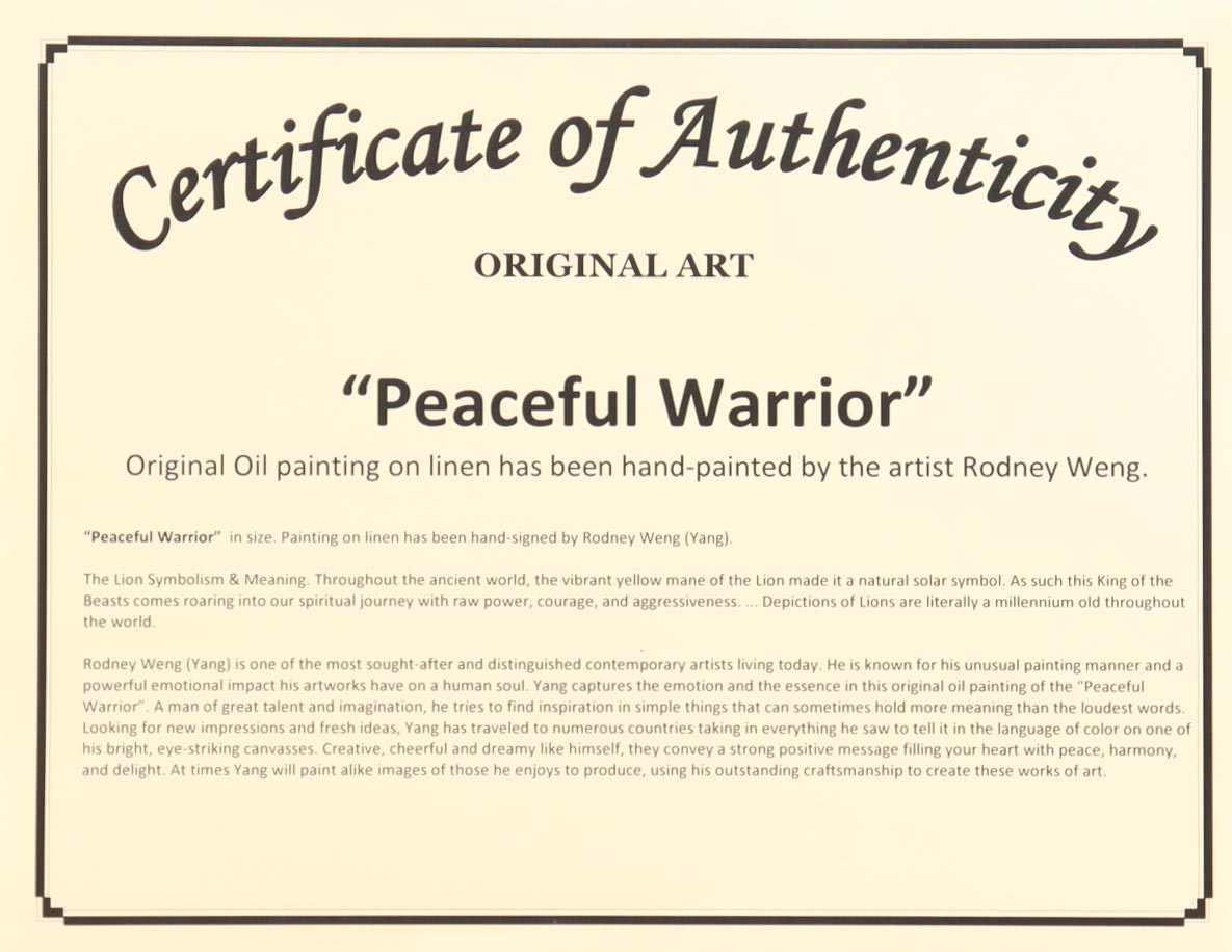 "Peaceful Warrior" 25x36 Original Oil Painting on Linen by Rodney Weng (Weng) at PristineAuction.com "Peaceful Warrior" 25x36 Original Oil Painting on Linen by Rodney Weng (Weng) at PristineAuction.com