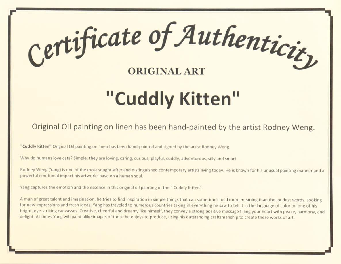 "Cuddly Kitten" 25x36 Original Oil Painting on Linen by Rodney Weng (Weng) at PristineAuction.com "Cuddly Kitten" 25x36 Original Oil Painting on Linen by Rodney Weng (Weng) at PristineAuction.com