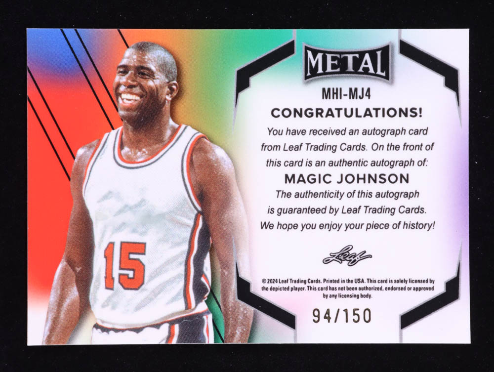 Magic Johnson 2024 Leaf Metal Inscriptions Prismatic White #MHIMJ4 #094/150 at PristineAuction.com Magic Johnson 2024 Leaf Metal Inscriptions Prismatic White #MHIMJ4 #094/150 at PristineAuction.com