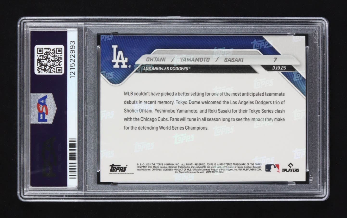 Shohei Ohtani / Yoshinobu Yamamoto / Roki Sasaki 2025 Topps Now Tokyo Series #7 (PSA 10) at PristineAuction.com Shohei Ohtani / Yoshinobu Yamamoto / Roki Sasaki 2025 Topps Now Tokyo Series #7 (PSA 10) at PristineAuction.com