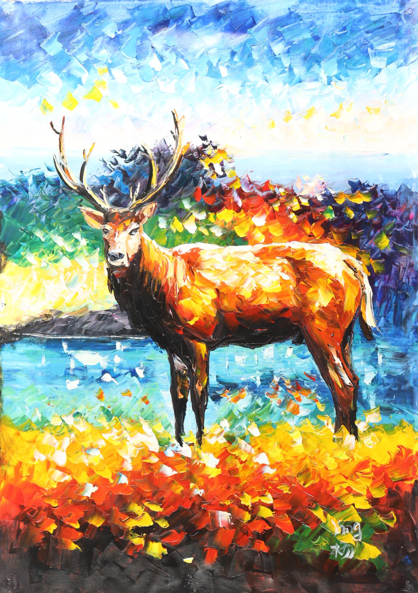 "Elk at Dawn" 25x36 Original Oil Painting on Linen by Rodney Weng (Weng) at PristineAuction.com "Elk at Dawn" 25x36 Original Oil Painting on Linen by Rodney Weng (Weng) at PristineAuction.com