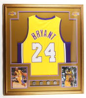 Kobe Bryant Custom Framed Jersey Display With (4) Finals Pins & (2) Team Logo Patches at PristineAuction.com